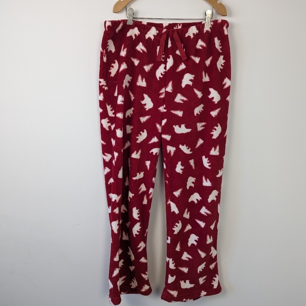 Cozy Red and White Bear and Christmas Tree Print Fleece Lounge Pants - Size L